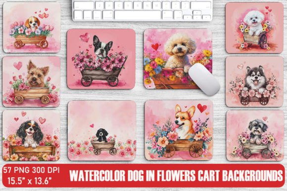 Kawaii Dog in Flowers Cart Backgrounds Graphics