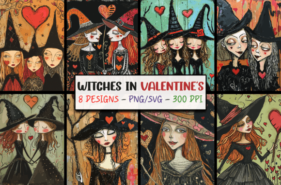 Valentines Witches Backgrounds SVG PNG Graphics