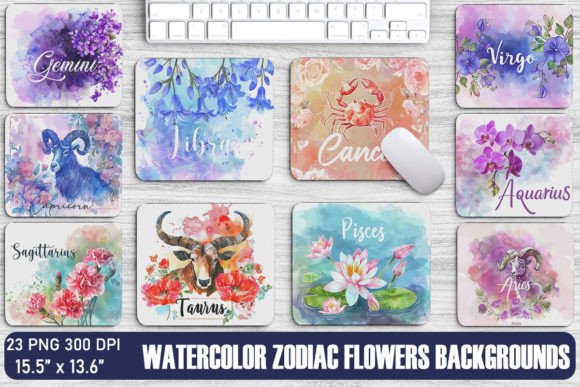 Watercolor Zodiac Flowers Backgrounds Graphics